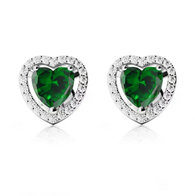 24k White Gold Plated 1 Ct Created Halo Heart Emerald Stud Earrings