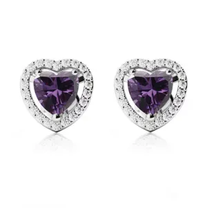 24k White Gold Plated 1/2 Ct Created Halo Heart Amethyst Stud Earrings