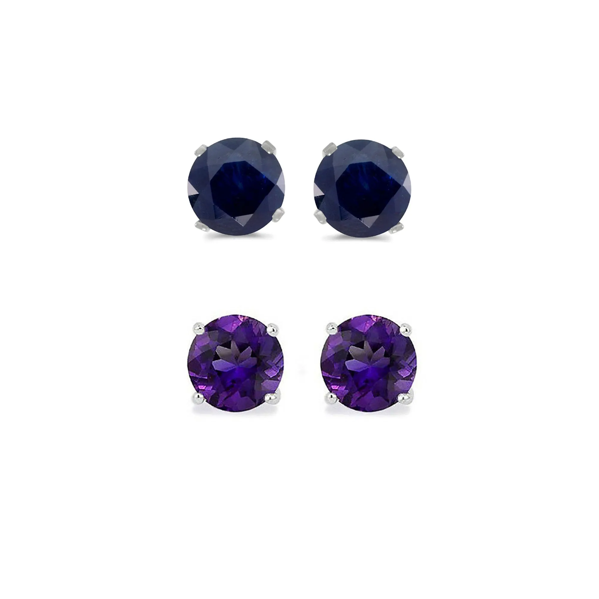 24k White Gold Plated 1/2Ct Created Black Sapphire and Amethyst 2 Pair Round Stud Earrings