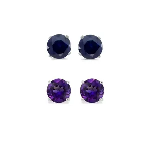 24k White Gold Plated 1/2Ct Created Black Sapphire and Amethyst 2 Pair Round Stud Earrings