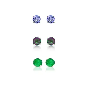 24k White Gold Plated 1Ct Created Tanzanite, Mystic Topaz and Emerald 3 Pair Round Stud Earrings