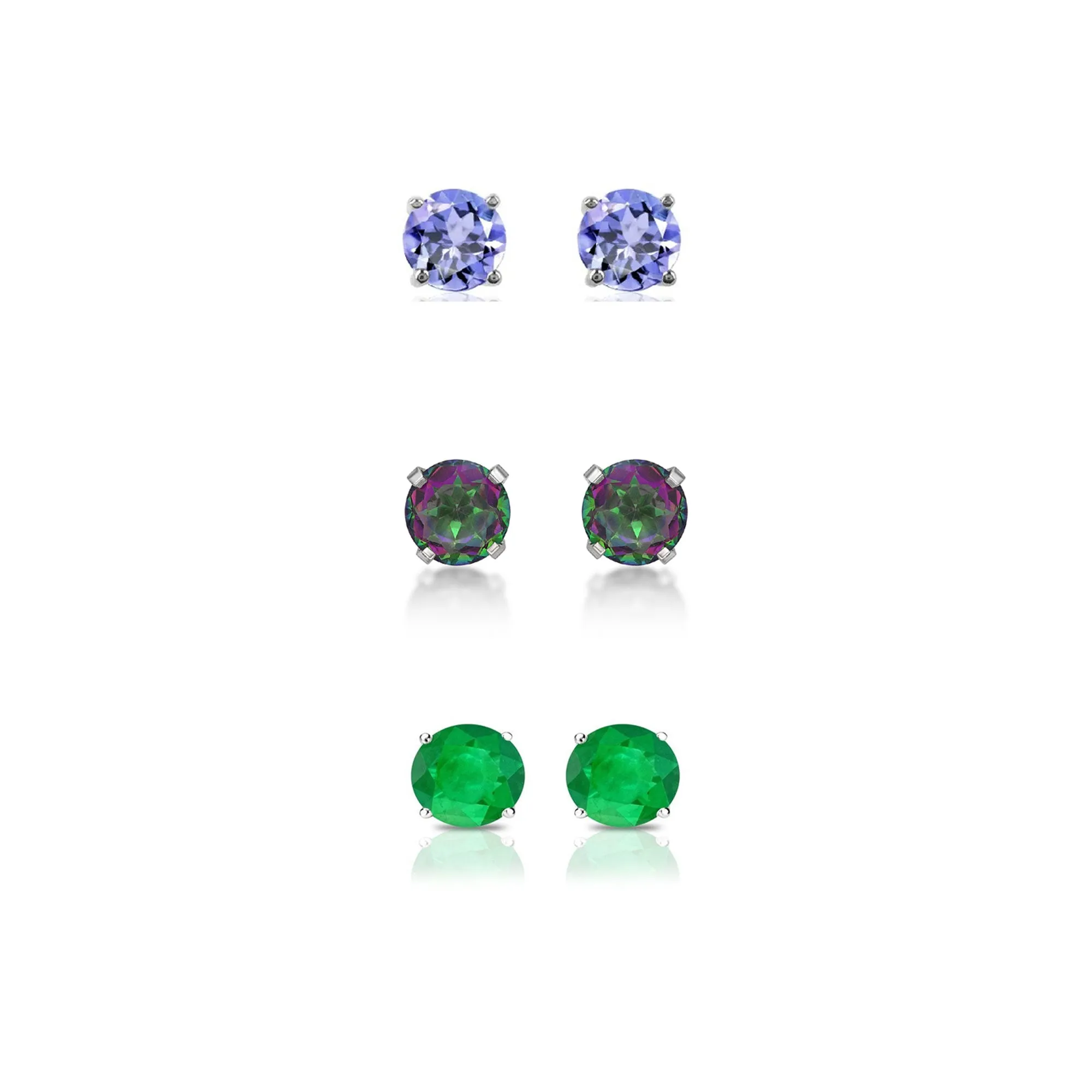 24k White Gold Plated 1Ct Created Tanzanite, Mystic Topaz and Emerald 3 Pair Round Stud Earrings