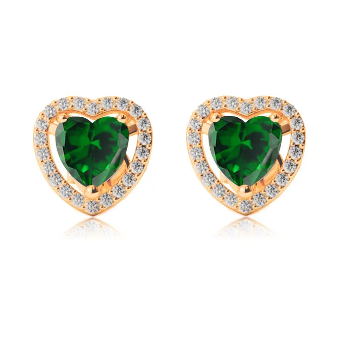 24k Yellow Gold Plated 2 Ct Created Halo Heart Emerald Stud Earrings
