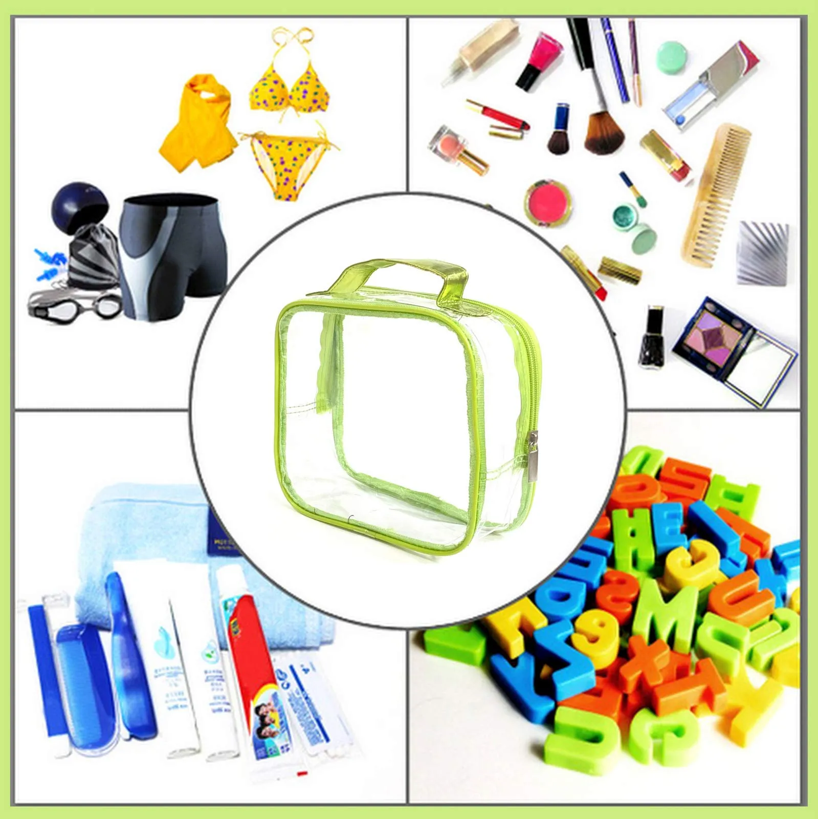 3 AZi TSA Approved Toiletry Bag Crystal Clear w Zipper Green Handle 3-1-1 Carry On Airport Airline Compliant Bag Stadium Travel Cosmetic Makeup First Aid Medication Charger Organizer Gym School Locker