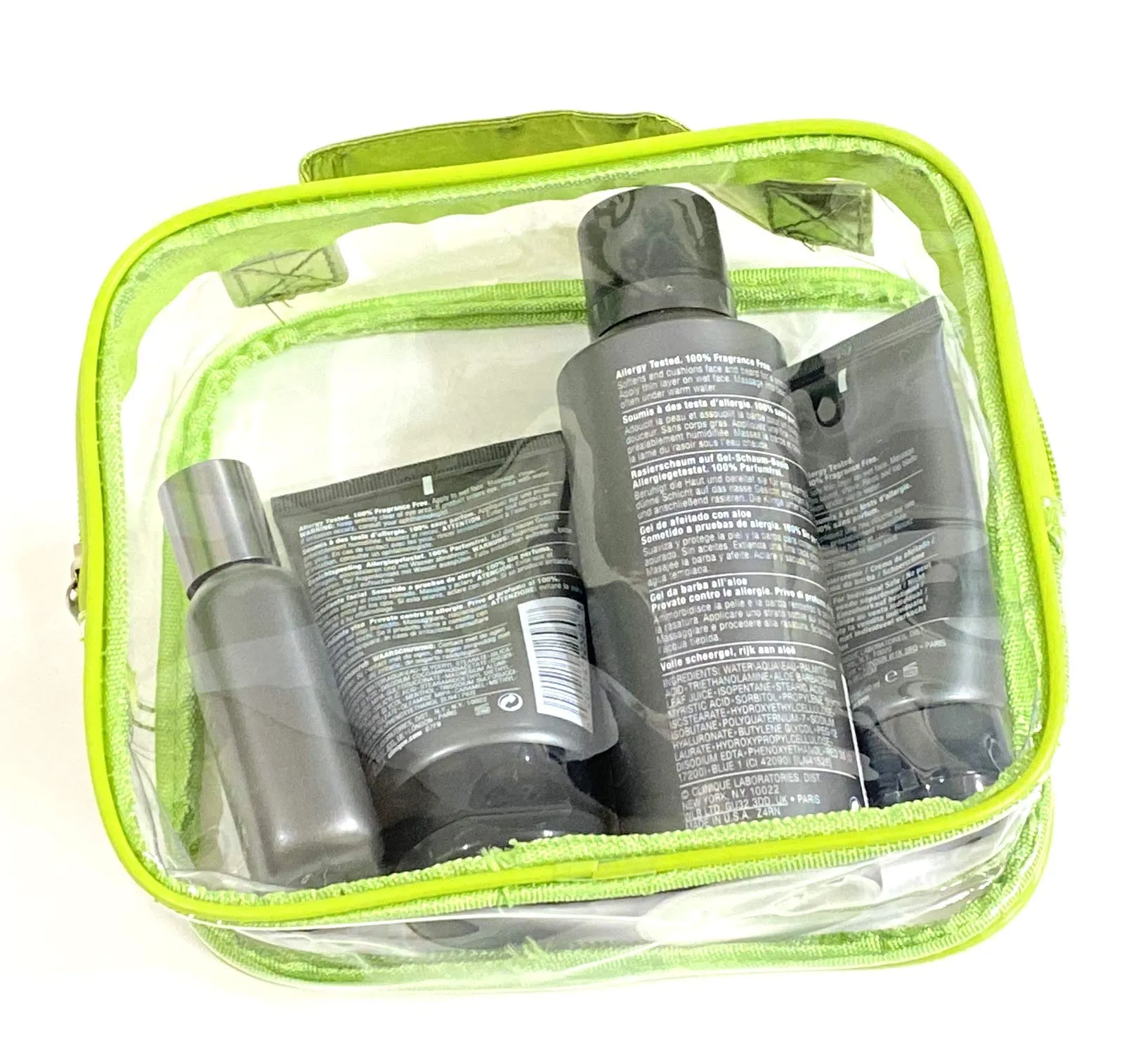 3 AZi TSA Approved Toiletry Bag Crystal Clear w Zipper Green Handle 3-1-1 Carry On Airport Airline Compliant Bag Stadium Travel Cosmetic Makeup First Aid Medication Charger Organizer Gym School Locker