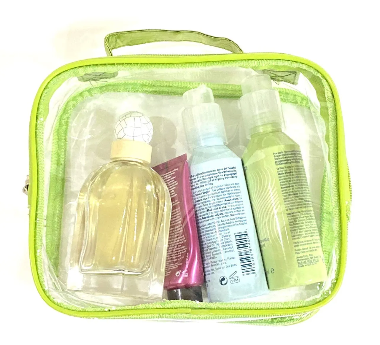 3 AZi TSA Approved Toiletry Bag Crystal Clear w Zipper Green Handle 3-1-1 Carry On Airport Airline Compliant Bag Stadium Travel Cosmetic Makeup First Aid Medication Charger Organizer Gym School Locker