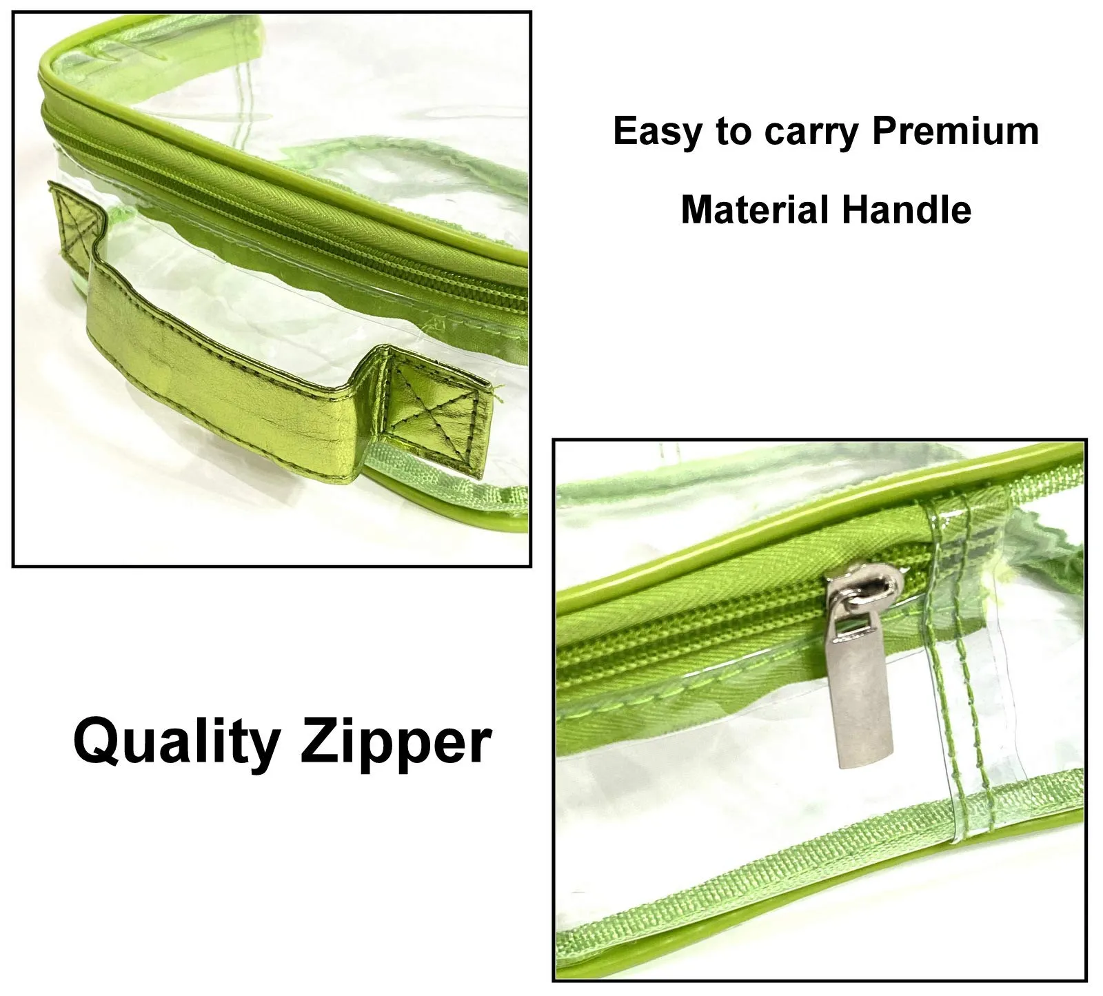 3 AZi TSA Approved Toiletry Bag Crystal Clear w Zipper Green Handle 3-1-1 Carry On Airport Airline Compliant Bag Stadium Travel Cosmetic Makeup First Aid Medication Charger Organizer Gym School Locker