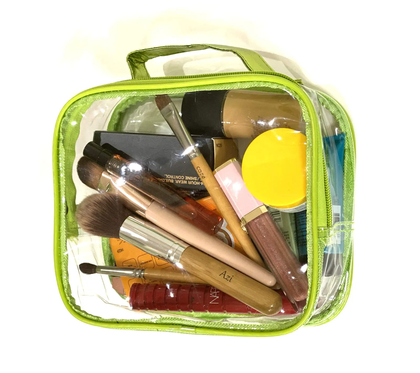 3 AZi TSA Approved Toiletry Bag Crystal Clear w Zipper Green Handle 3-1-1 Carry On Airport Airline Compliant Bag Stadium Travel Cosmetic Makeup First Aid Medication Charger Organizer Gym School Locker