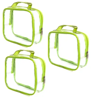 3 AZi TSA Approved Toiletry Bag Crystal Clear w Zipper Green Handle 3-1-1 Carry On Airport Airline Compliant Bag Stadium Travel Cosmetic Makeup First Aid Medication Charger Organizer Gym School Locker