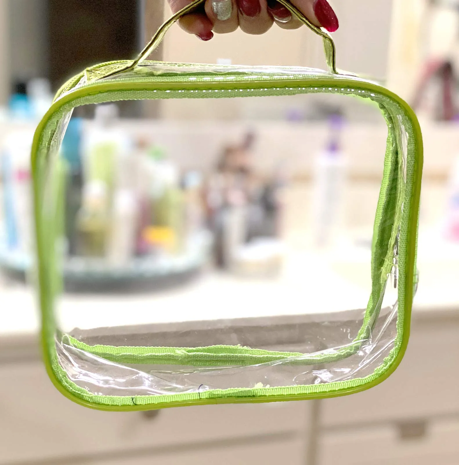 3 AZi TSA Approved Toiletry Bag Crystal Clear w Zipper Green Handle 3-1-1 Carry On Airport Airline Compliant Bag Stadium Travel Cosmetic Makeup First Aid Medication Charger Organizer Gym School Locker