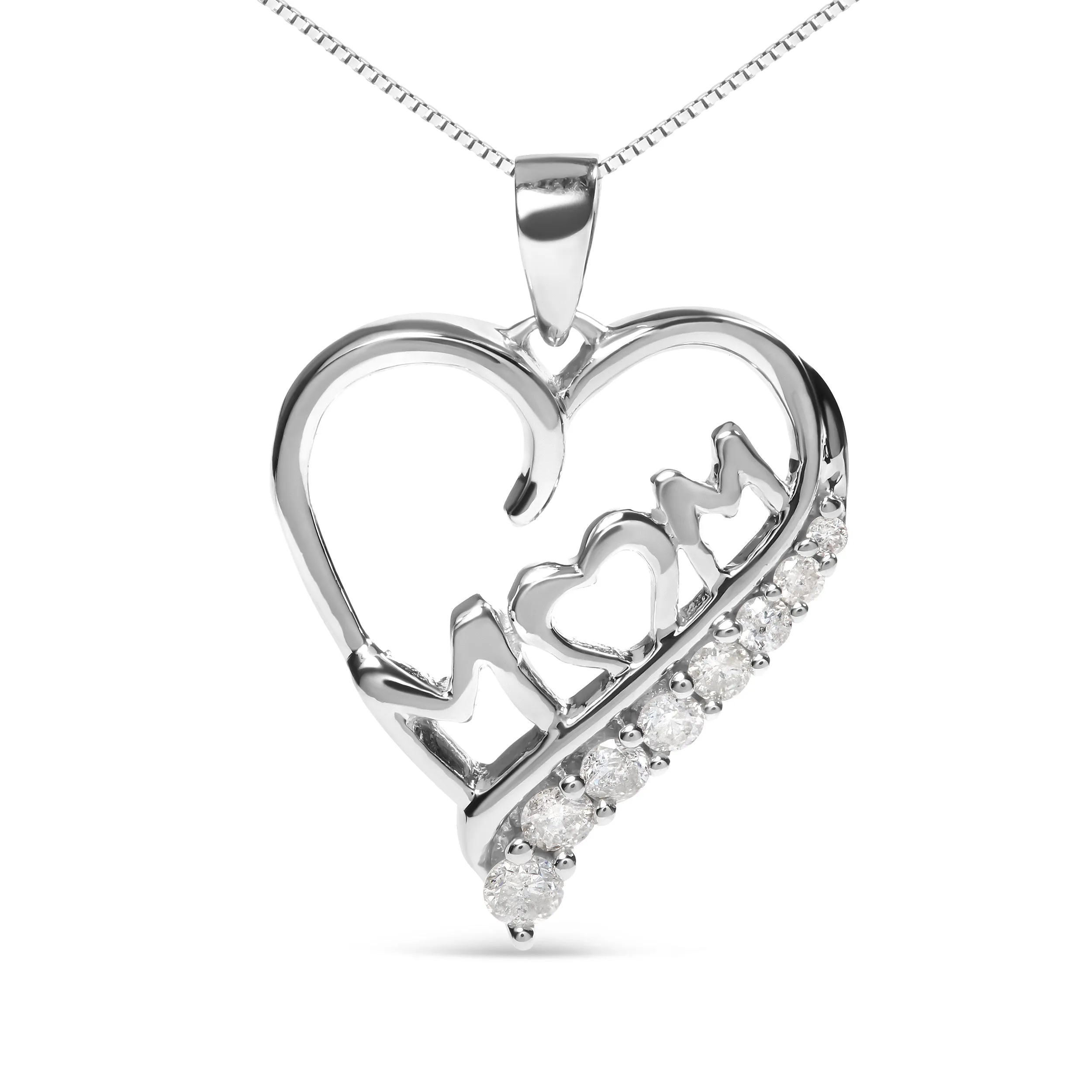 .925 Sterling Silver 1/4 Cttw Diamond  "Mom" and Open Heart 18" Pendant Necklace