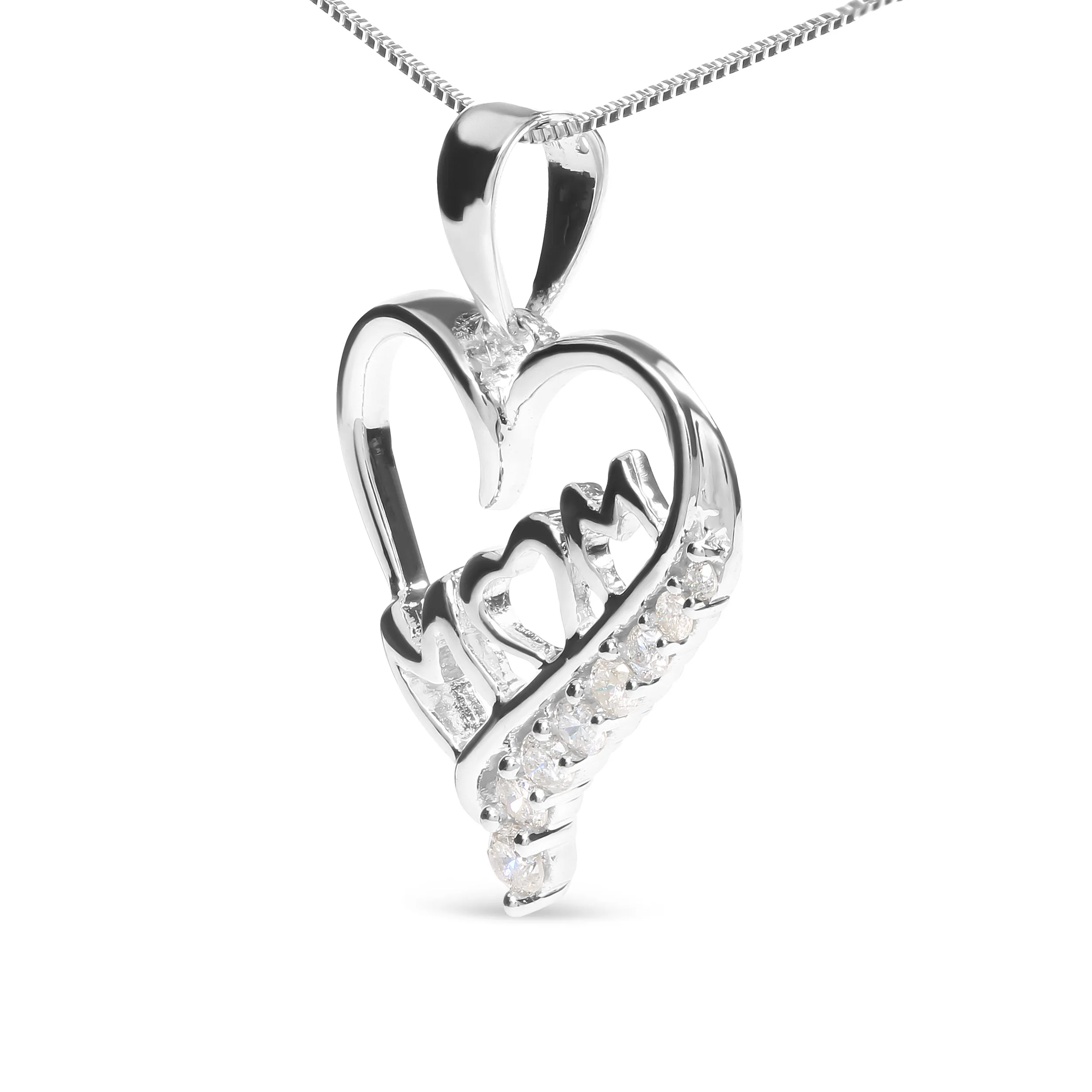 .925 Sterling Silver 1/4 Cttw Diamond  "Mom" and Open Heart 18" Pendant Necklace