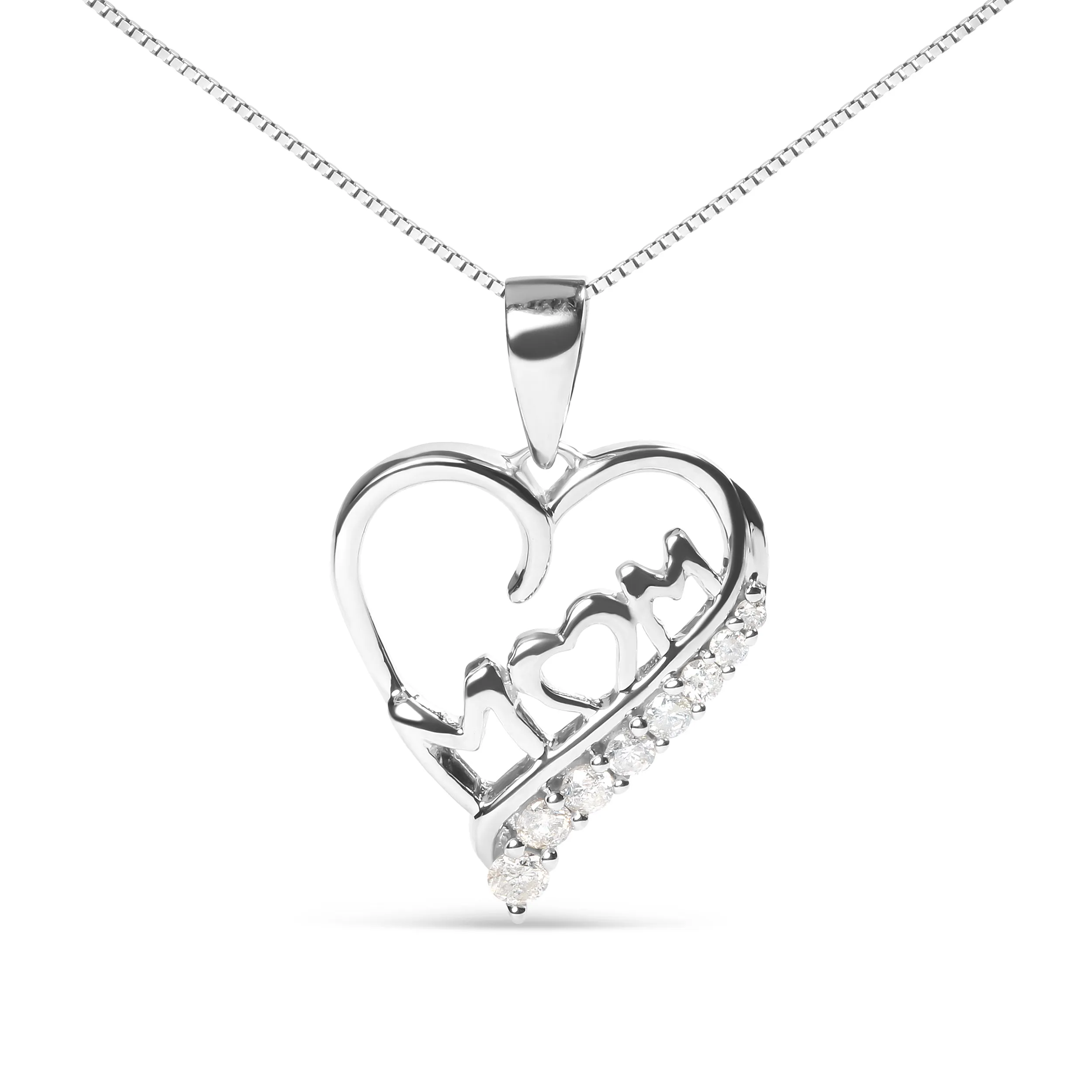 .925 Sterling Silver 1/4 Cttw Diamond  "Mom" and Open Heart 18" Pendant Necklace