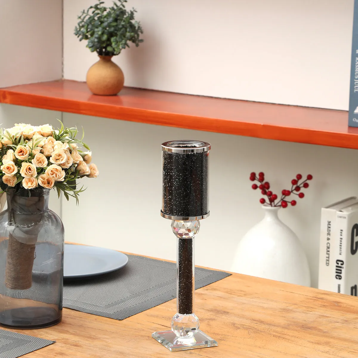 Ambrose Exquisite Candle Holder in Gift Box, Black Crushed Diamonds Glass