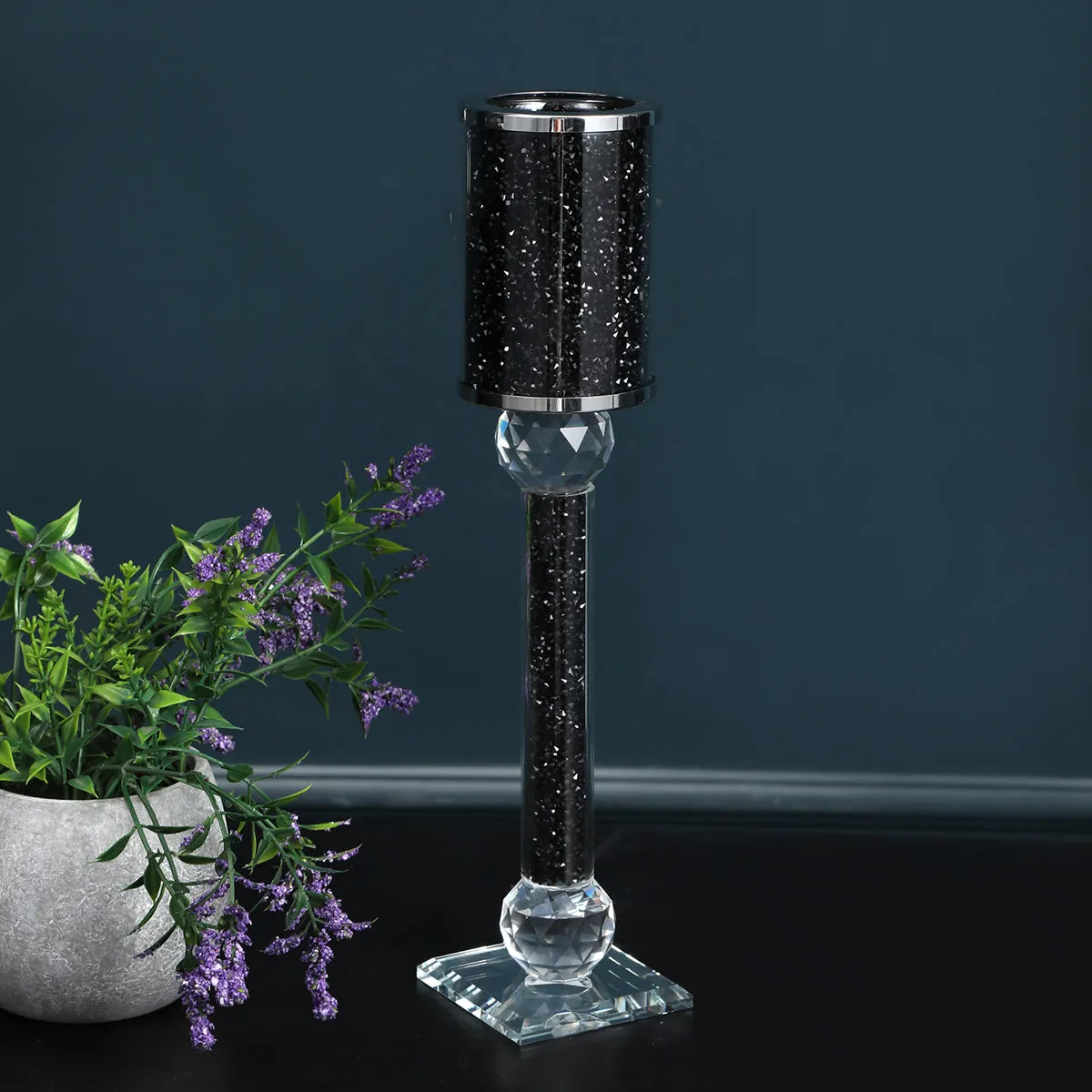 Ambrose Exquisite Candle Holder in Gift Box, Black Crushed Diamonds Glass