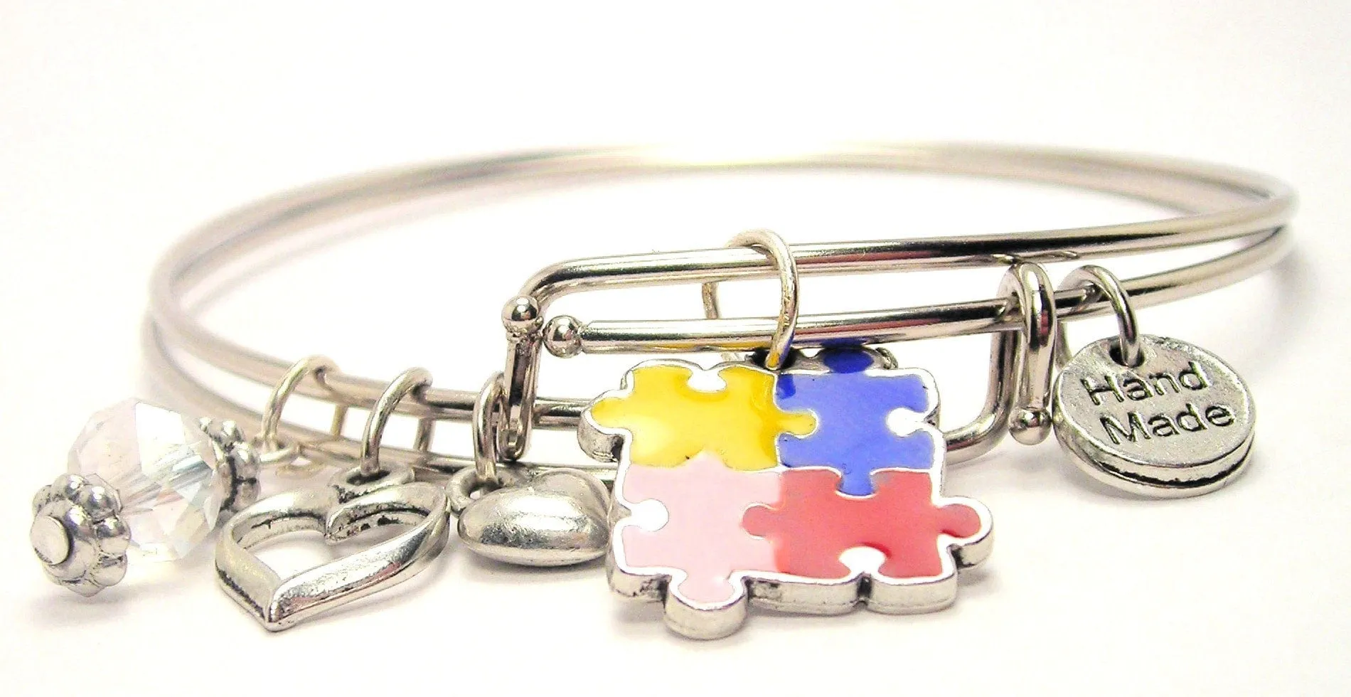 Autism Puzzle Pieces Hand Painted Expandable Bangle Bracelet Set