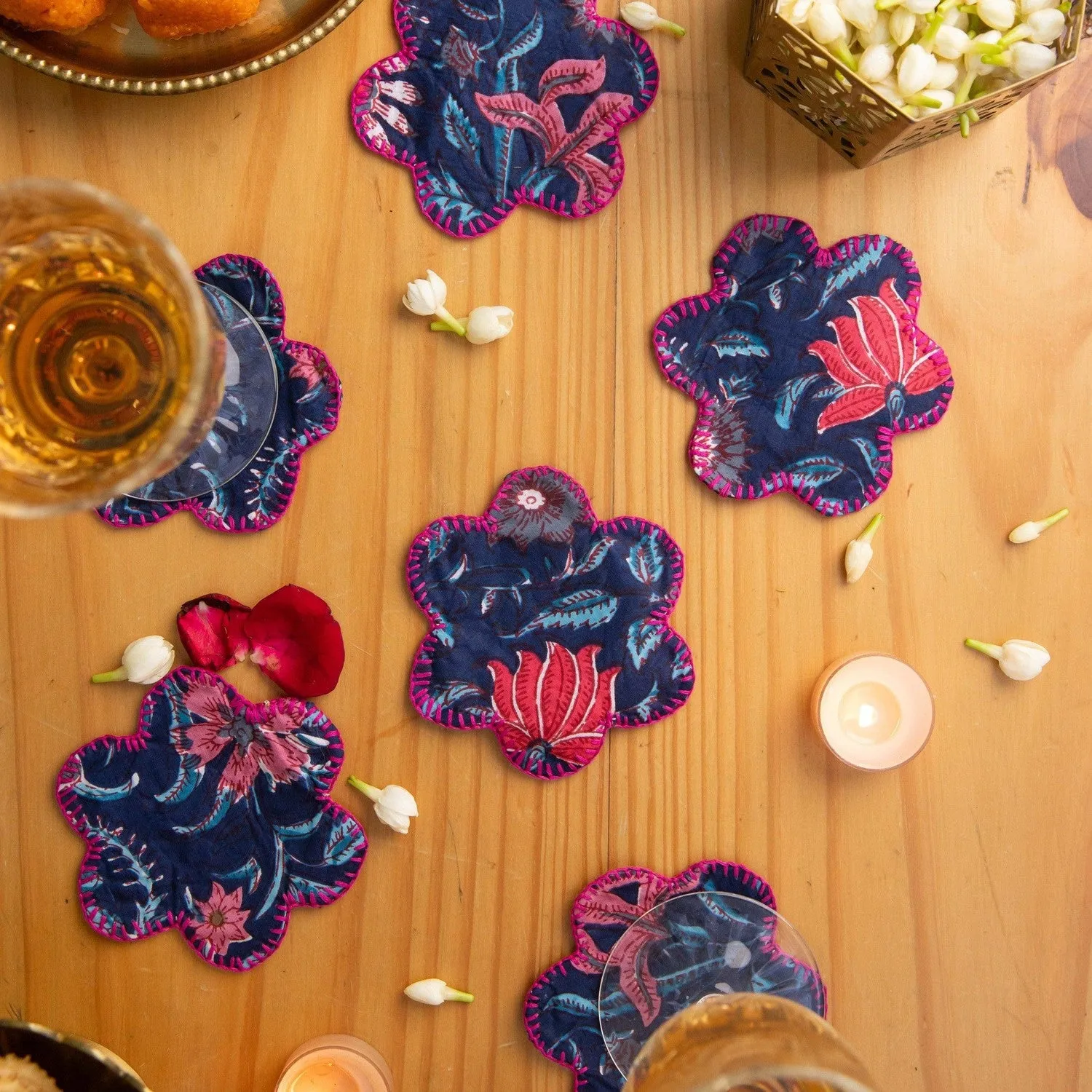 Blue Starry Sky Flower Shape Coaster Set of 6
