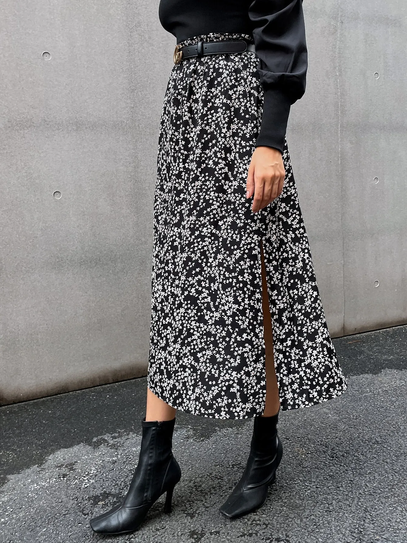 Boho Ditsy Floral Paper Bag Waist High Waist Midi Women Skirt