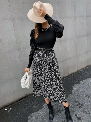Boho Ditsy Floral Paper Bag Waist High Waist Midi Women Skirt