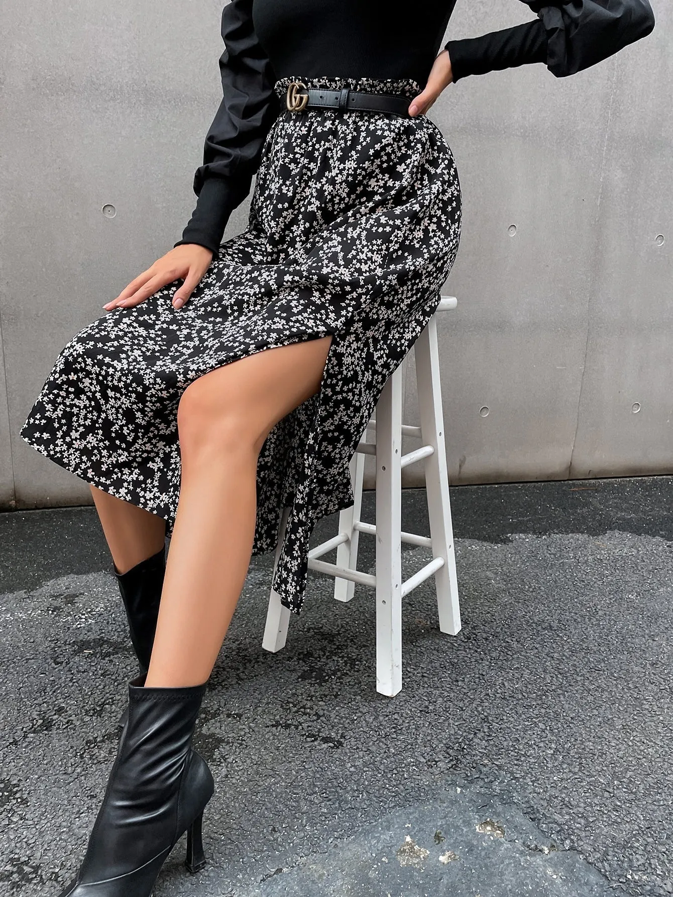 Boho Ditsy Floral Paper Bag Waist High Waist Midi Women Skirt