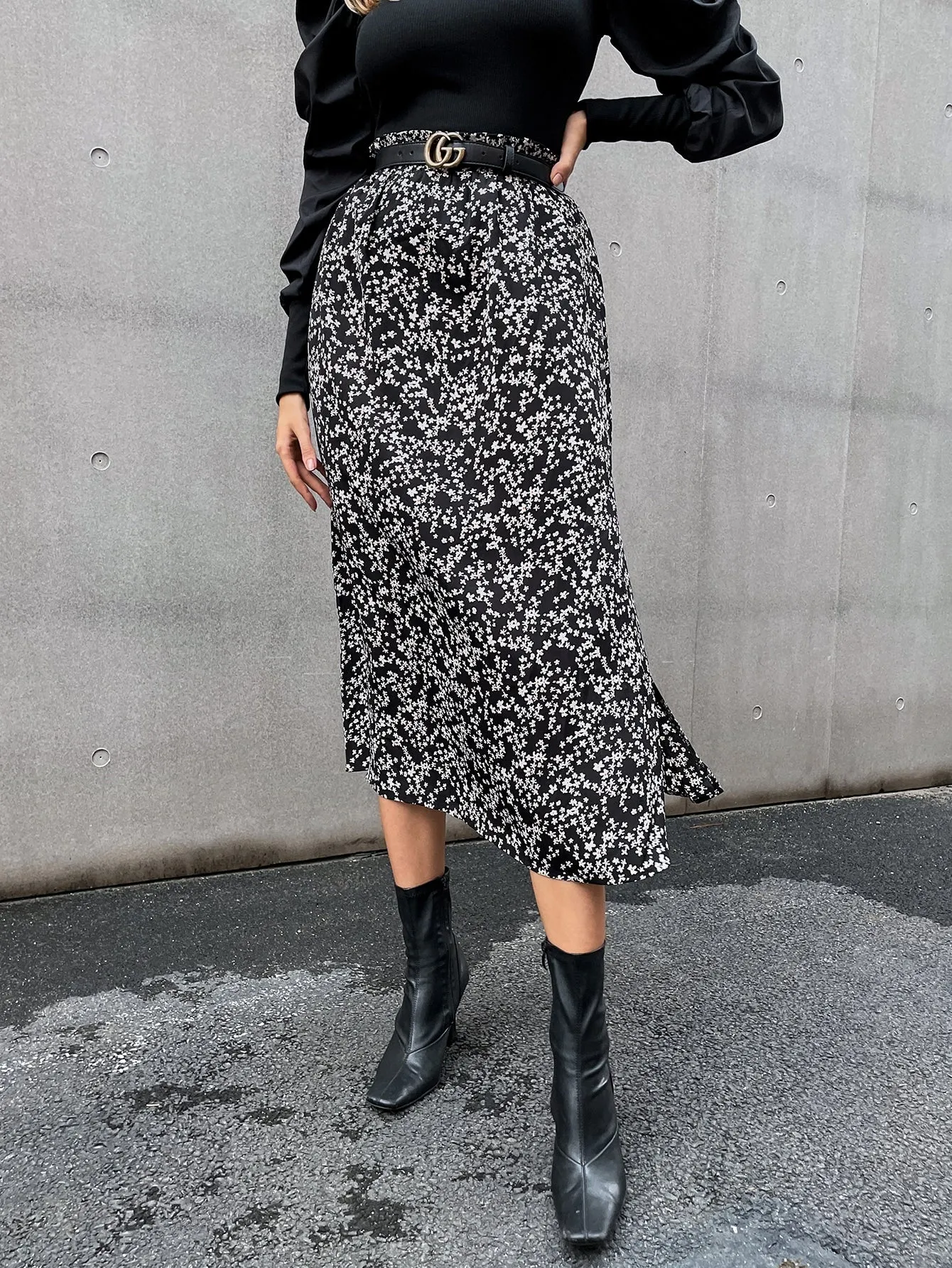 Boho Ditsy Floral Paper Bag Waist High Waist Midi Women Skirt