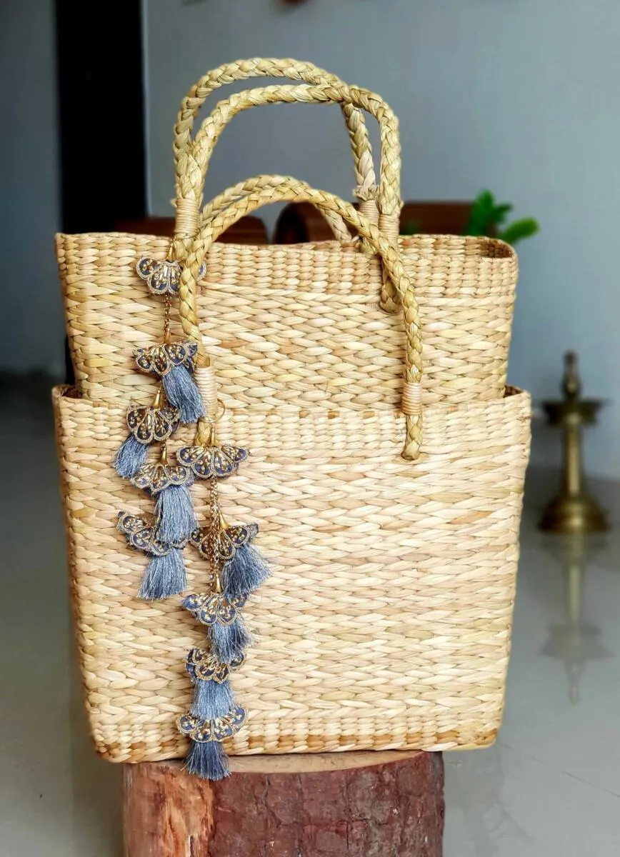 Classy Blue Grey Tassels Tote