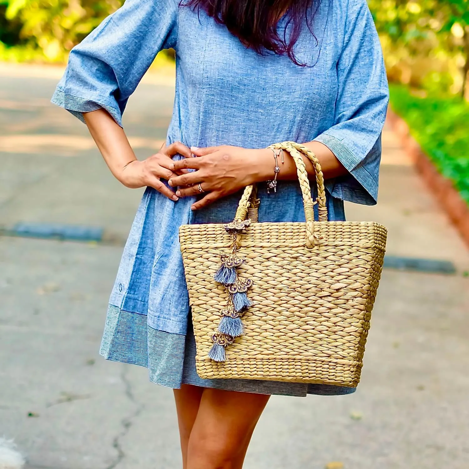 Classy Blue Grey Tassels Tote