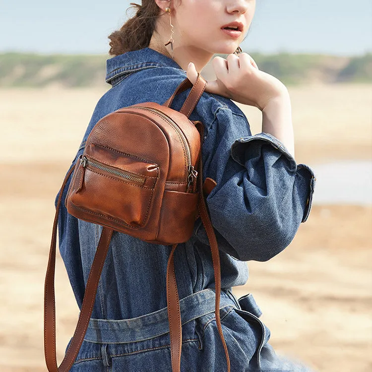 Cute Womens Mini  Brown Small Leather Backpack Bag Purses for Women