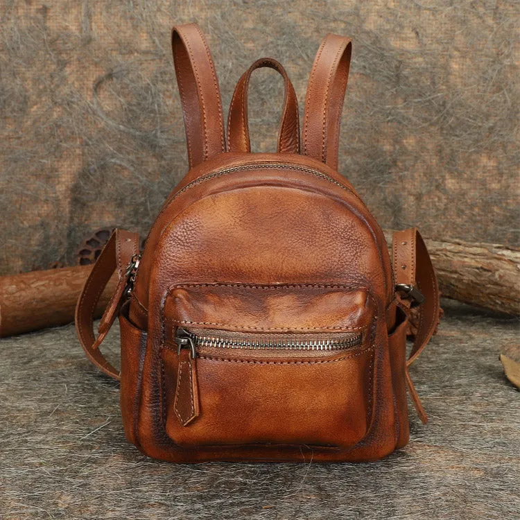 Cute Womens Mini  Brown Small Leather Backpack Bag Purses for Women