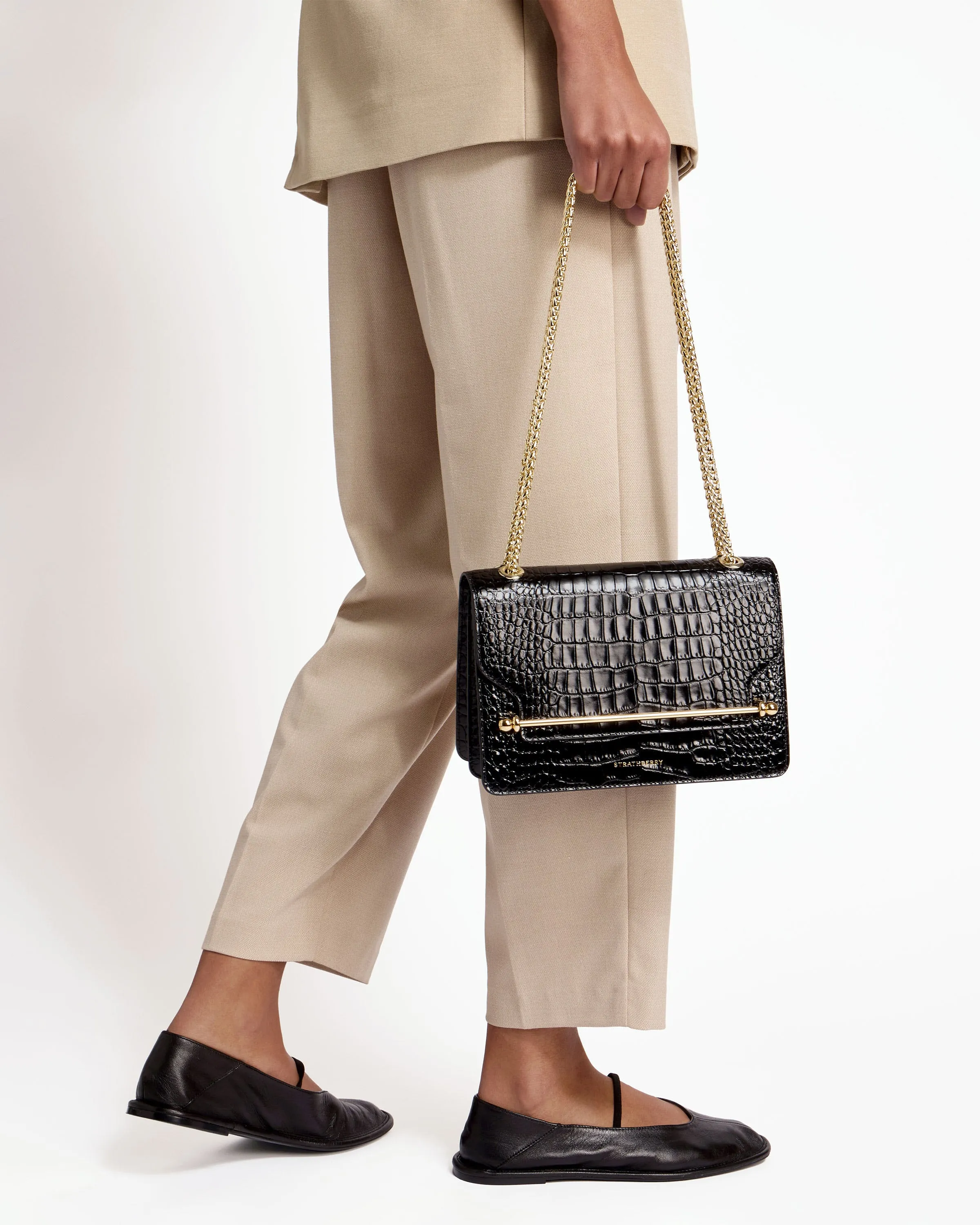 East/West - Croc-Embossed Leather Black