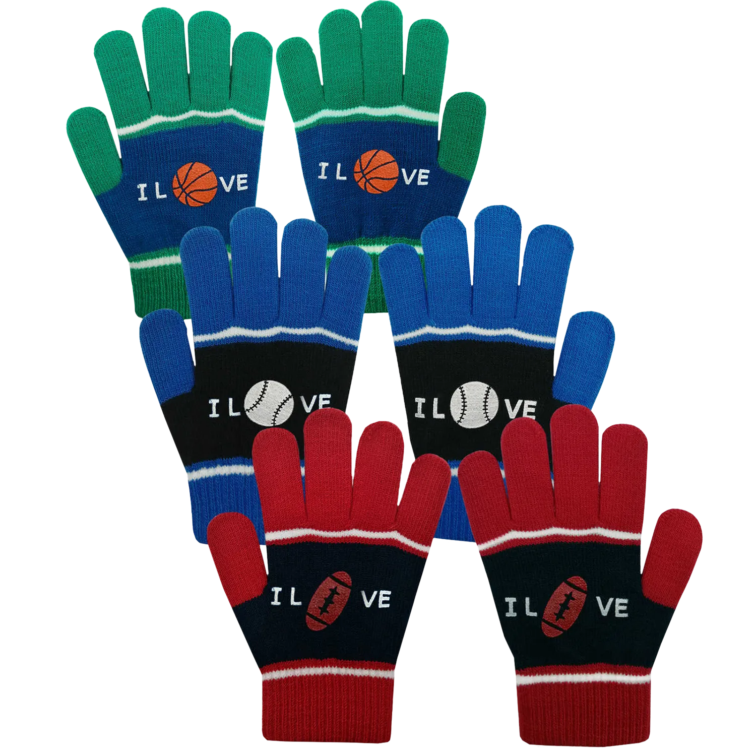 EvridWear Kids Winter Gloves - 3 Pairs Balls Print Knit (Boys & Girls)