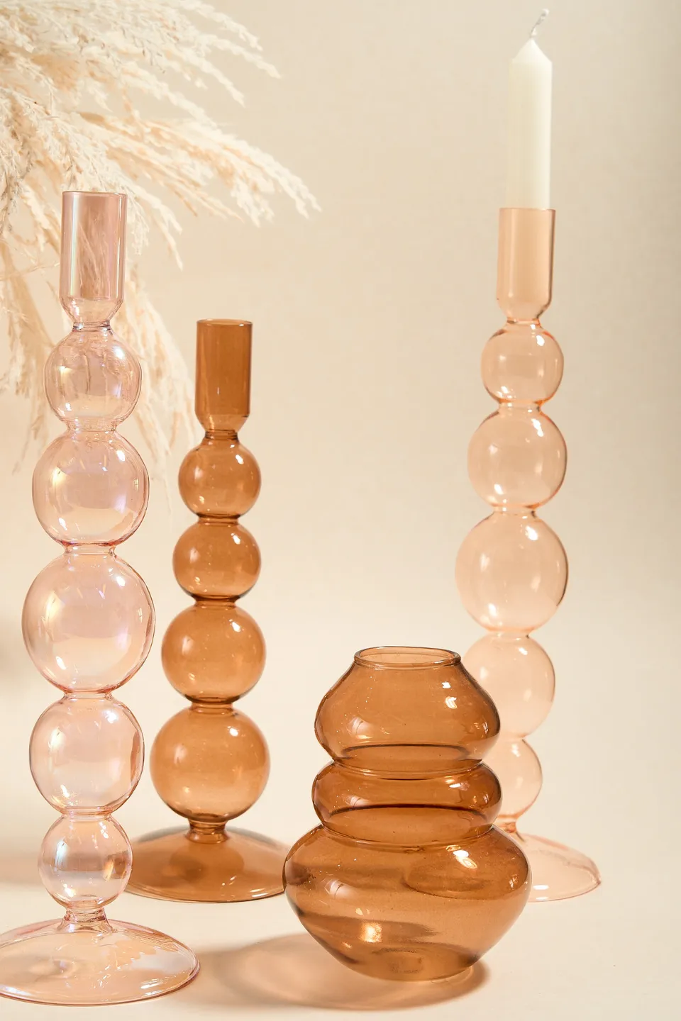 Five Bubble Peach 30cm Glass Taper Candle Holder