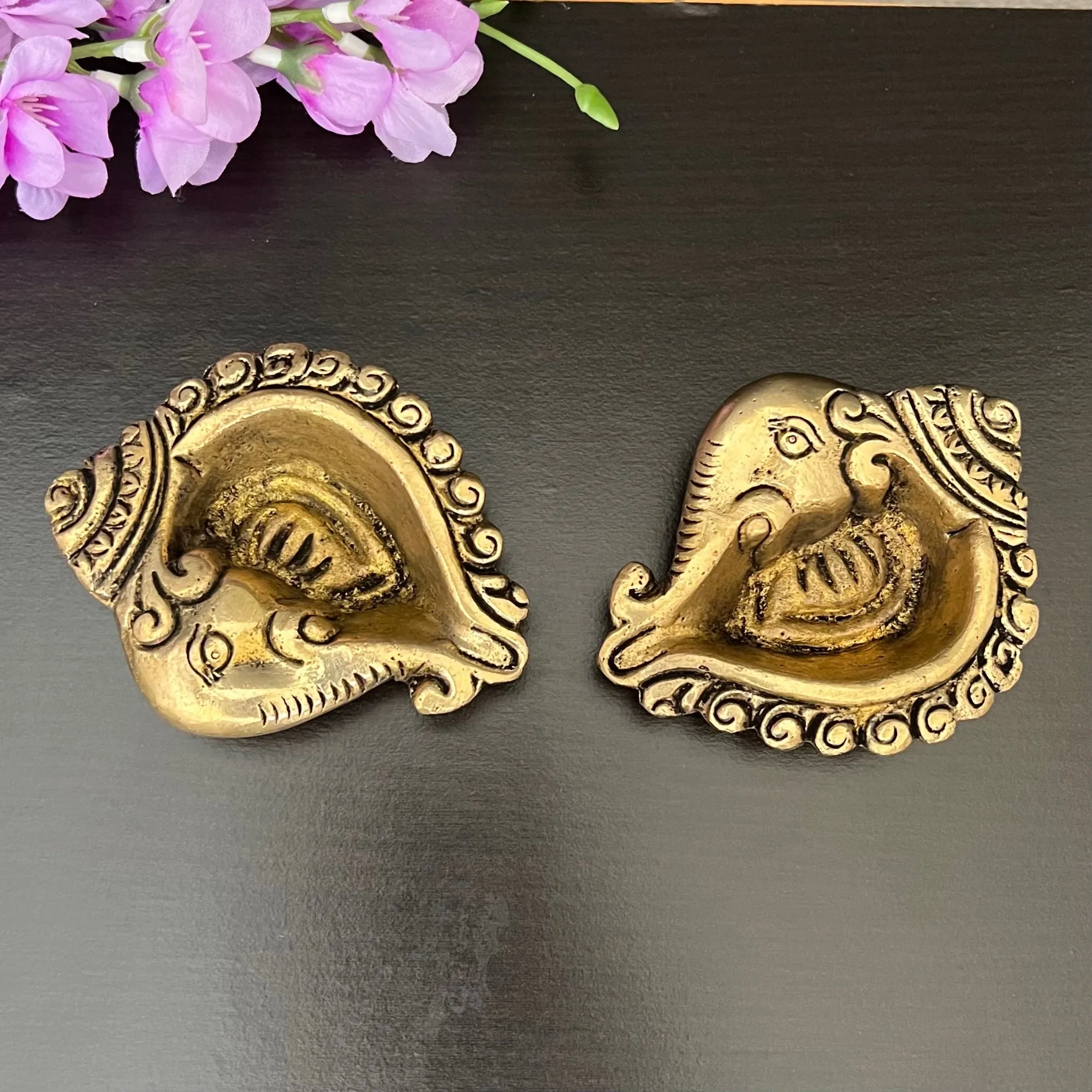 Ganesha And Shank Small Diya  (Set of 6) - Handmade Brass lamp - Decorative