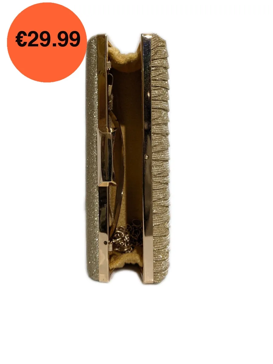 Gold Pleated Glitter Clutch Bag with Handle