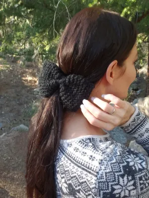 Handknit "Midnight" Black Color Hair Bow with Vintage Lace