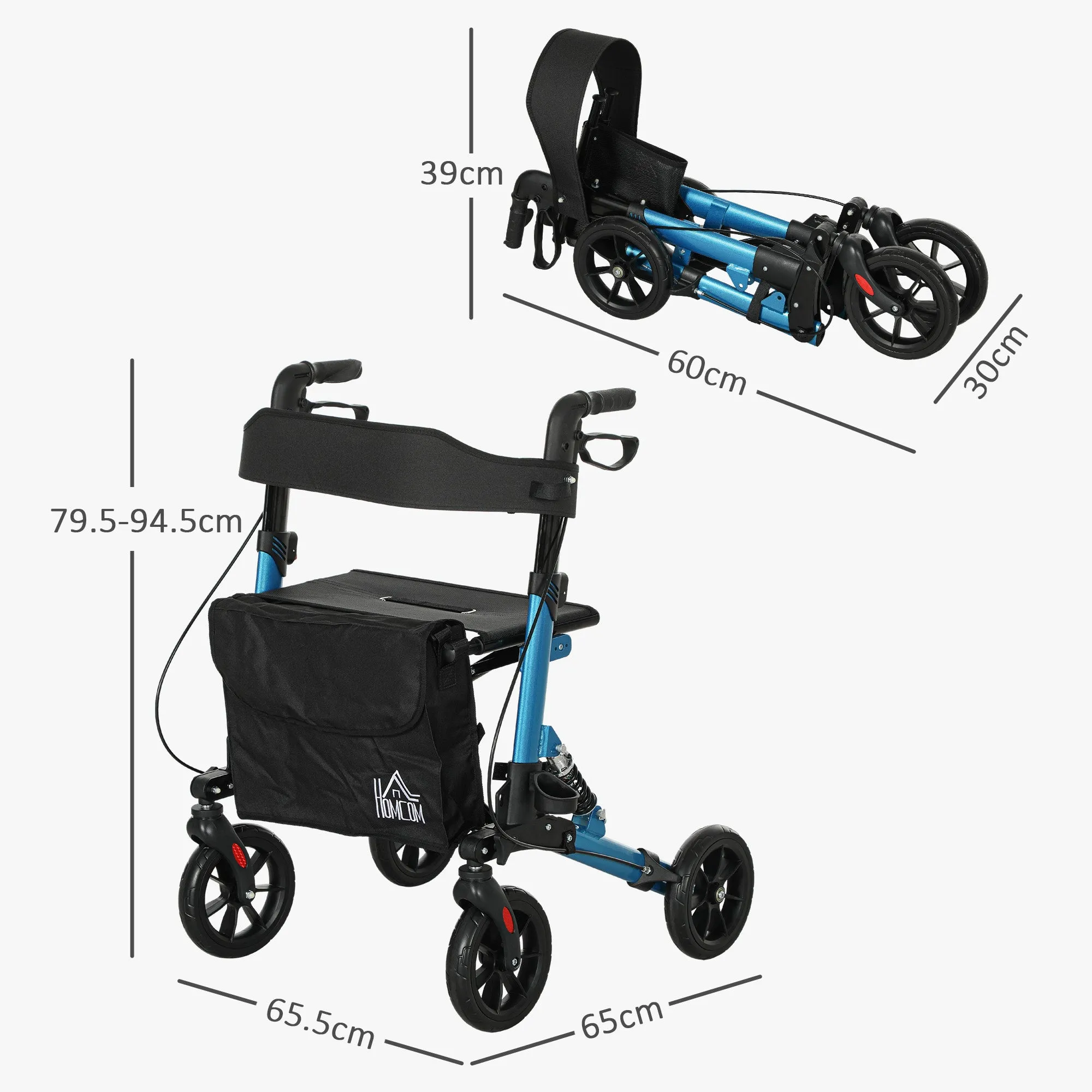 HOMCOM Folding Rollator Walker with Seat, Backrest, Bag, 4 Wheels