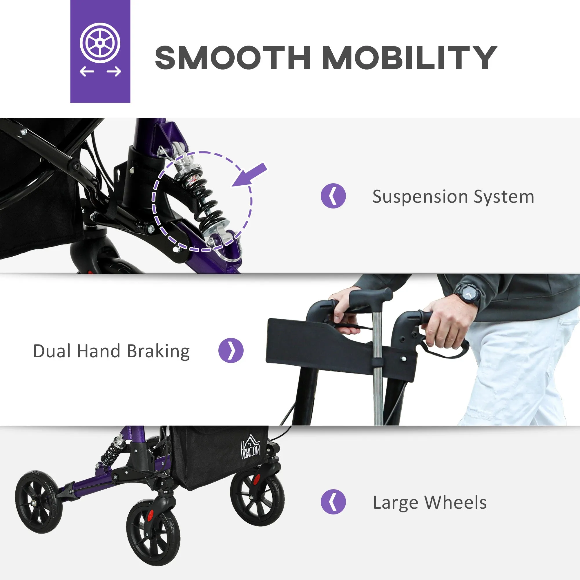 HOMCOM Folding Rollator Walker with Seat, Backrest, Bag, 4 Wheels