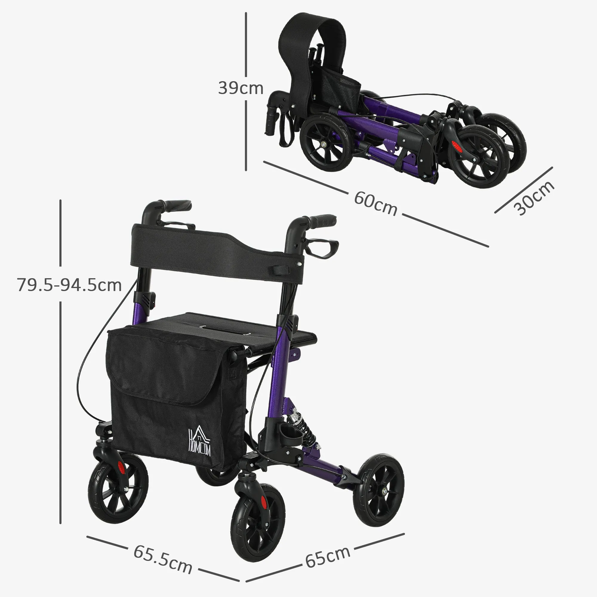HOMCOM Folding Rollator Walker with Seat, Backrest, Bag, 4 Wheels