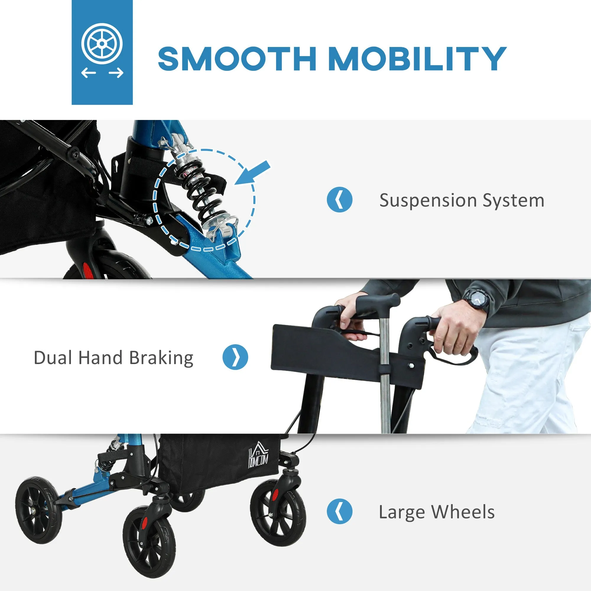 HOMCOM Folding Rollator Walker with Seat, Backrest, Bag, 4 Wheels