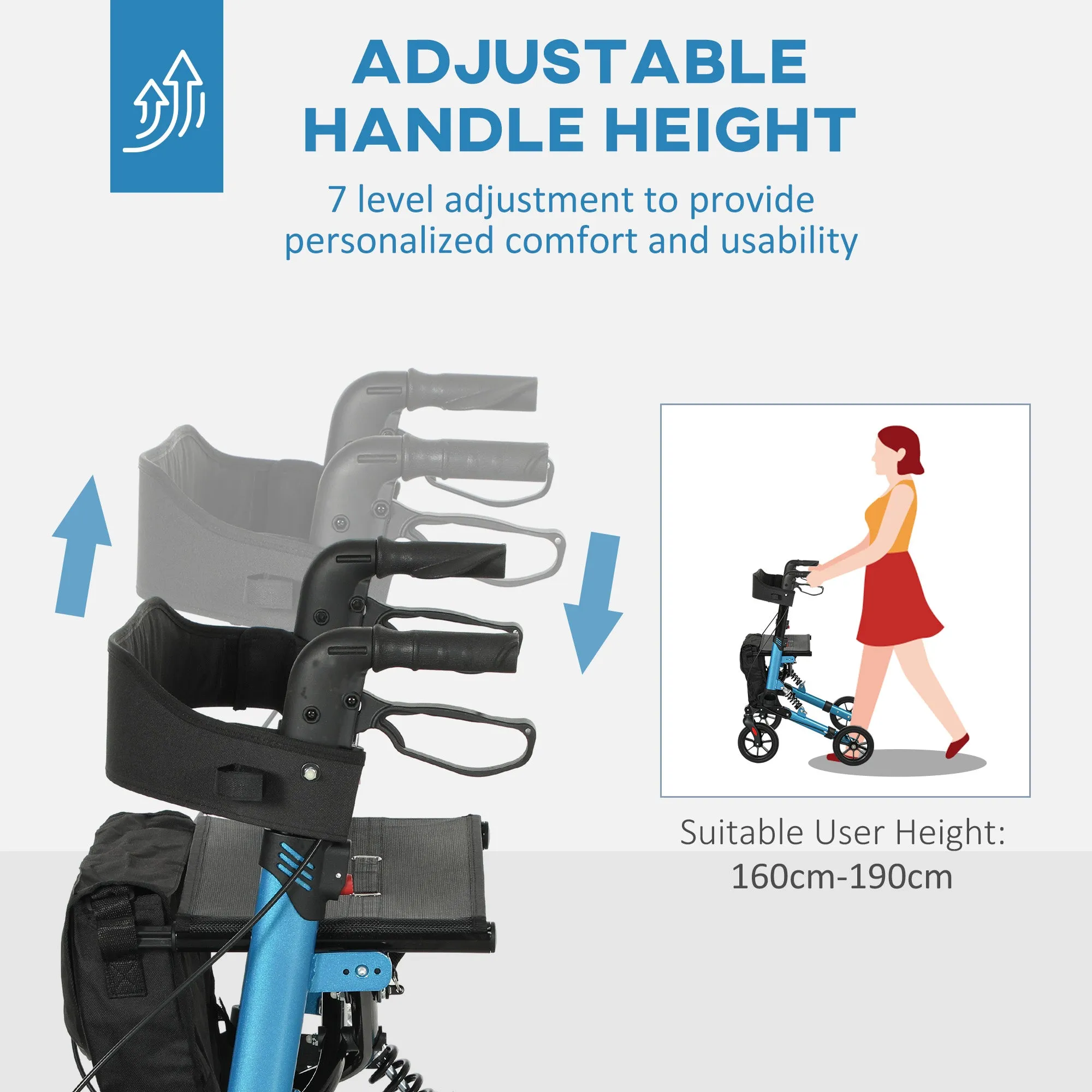 HOMCOM Folding Rollator Walker with Seat, Backrest, Bag, 4 Wheels