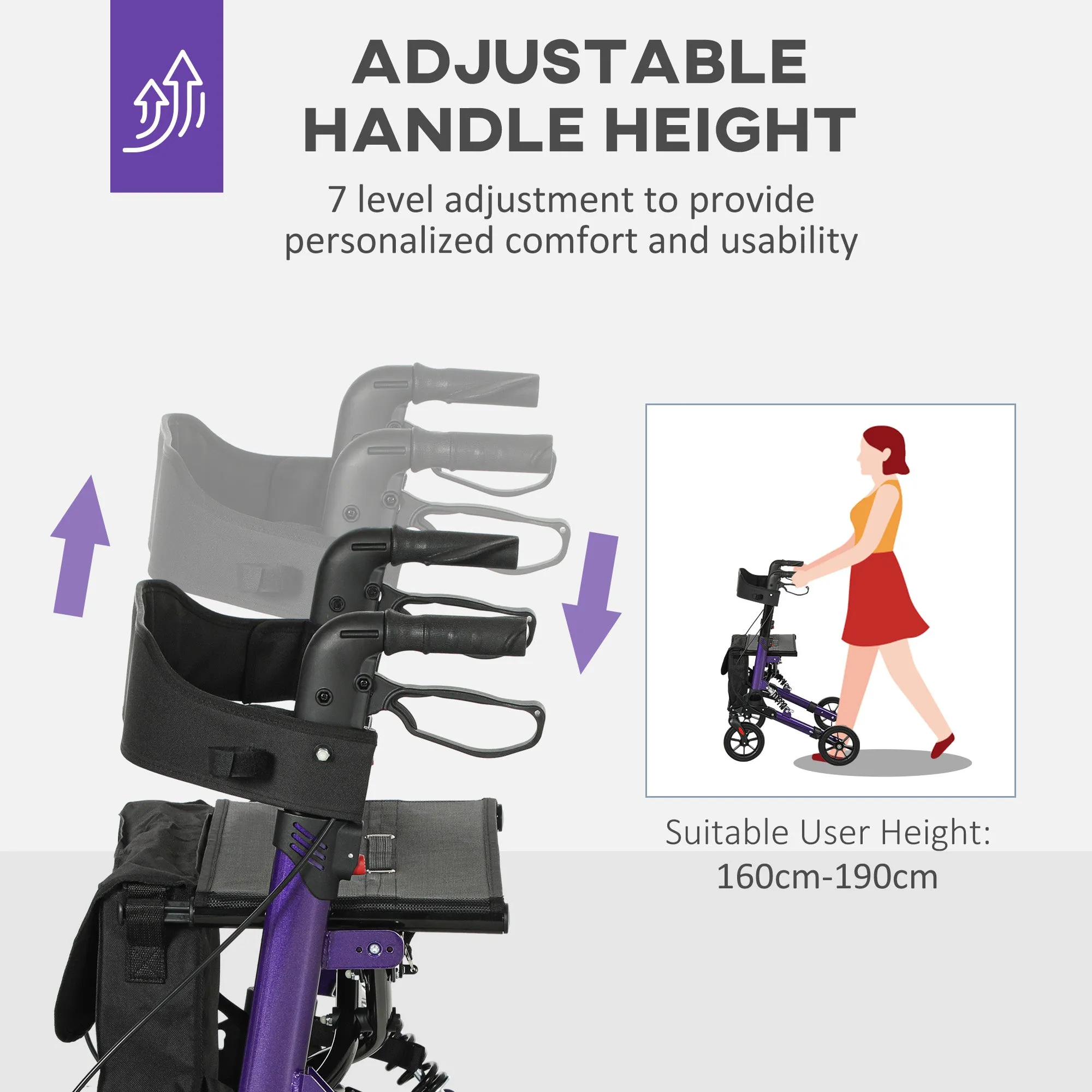 HOMCOM Folding Rollator Walker with Seat, Backrest, Bag, 4 Wheels