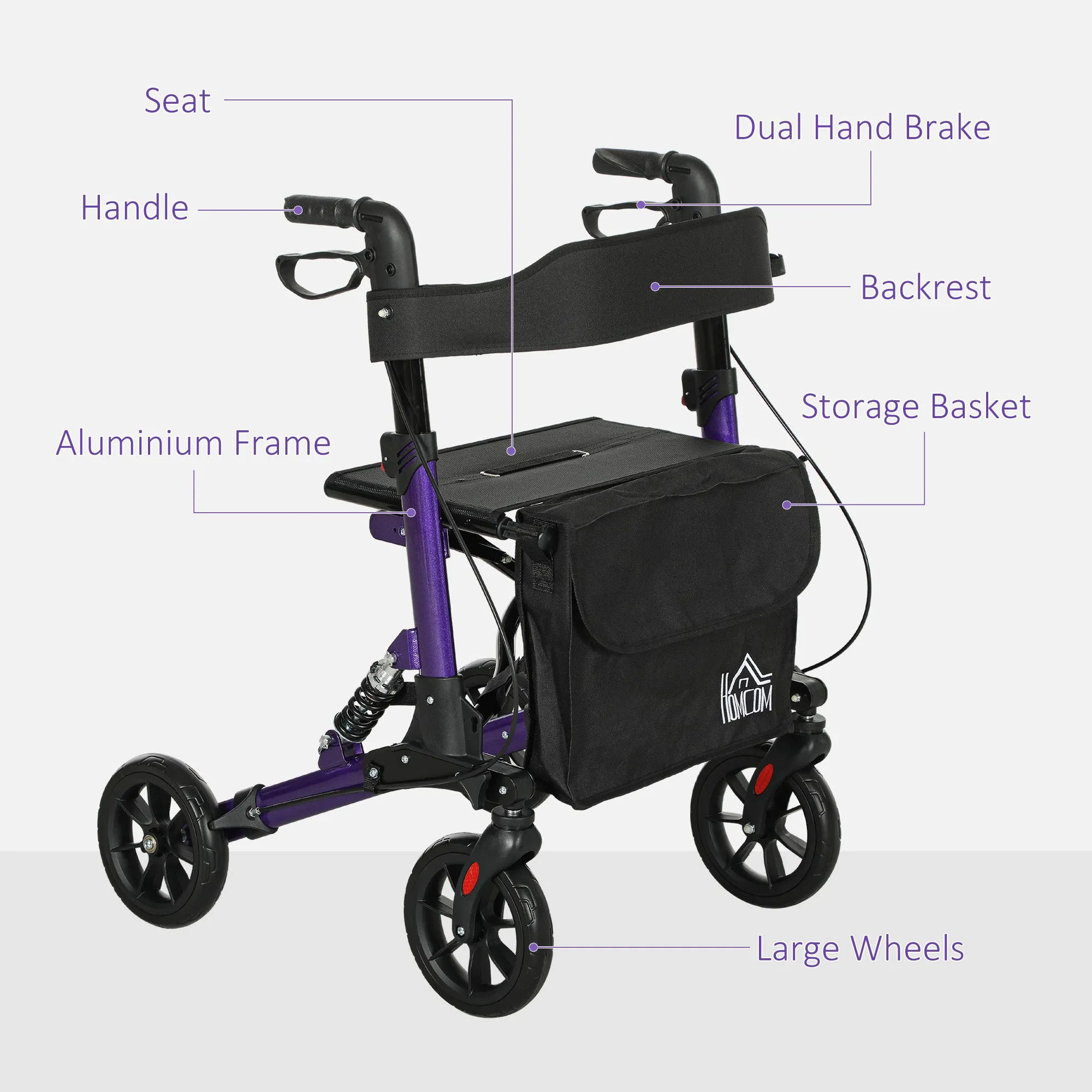 HOMCOM Folding Rollator Walker with Seat, Backrest, Bag, 4 Wheels