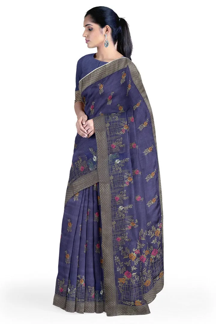 Indigo Blue Banarasi Silk Saree with Multicolor Meena Work
