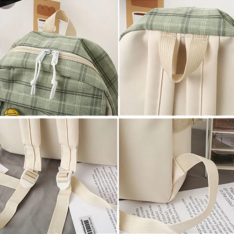 Kids Backpack With Lunch Box School Backpacks - Green Grey Khaki Book Bags For Girls 5Pcs Combo Set Plaid Laptop Schoolbag Kit BookBag