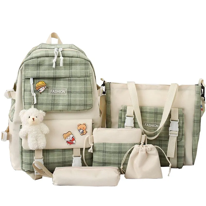 Kids Backpack With Lunch Box School Backpacks - Green Grey Khaki Book Bags For Girls 5Pcs Combo Set Plaid Laptop Schoolbag Kit BookBag