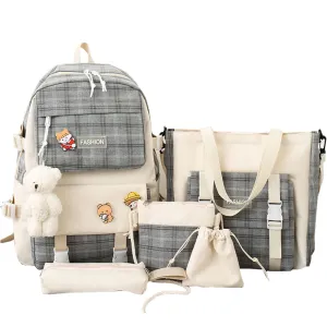 Kids Backpack With Lunch Box School Backpacks - Green Grey Khaki Book Bags For Girls 5Pcs Combo Set Plaid Laptop Schoolbag Kit BookBag