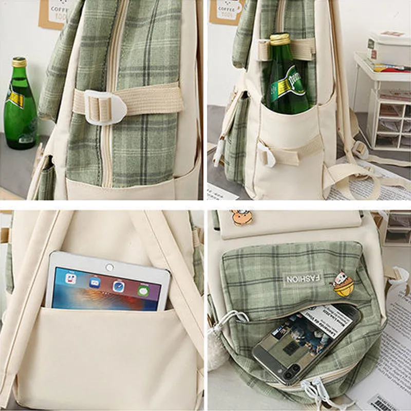 Kids Backpack With Lunch Box School Backpacks - Green Grey Khaki Book Bags For Girls 5Pcs Combo Set Plaid Laptop Schoolbag Kit BookBag