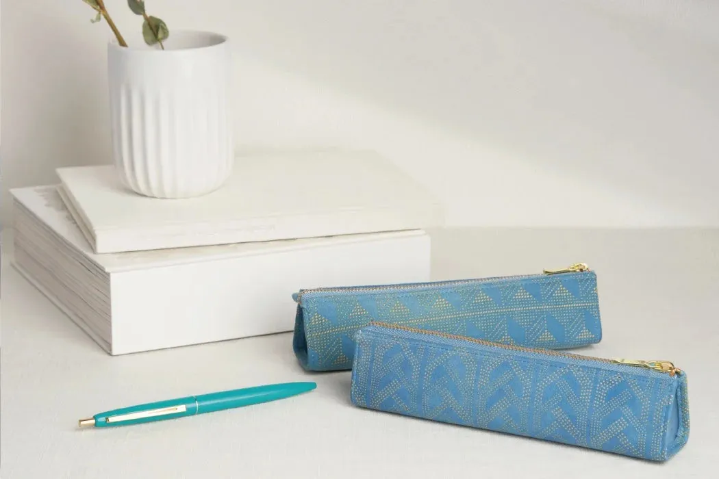 Koshu Inden Japanese Deerskin Leather Pencil Case - Upside down Mt. Fuji / Light Blue - , Made in Japan,  Japanese traditional craft pencil case