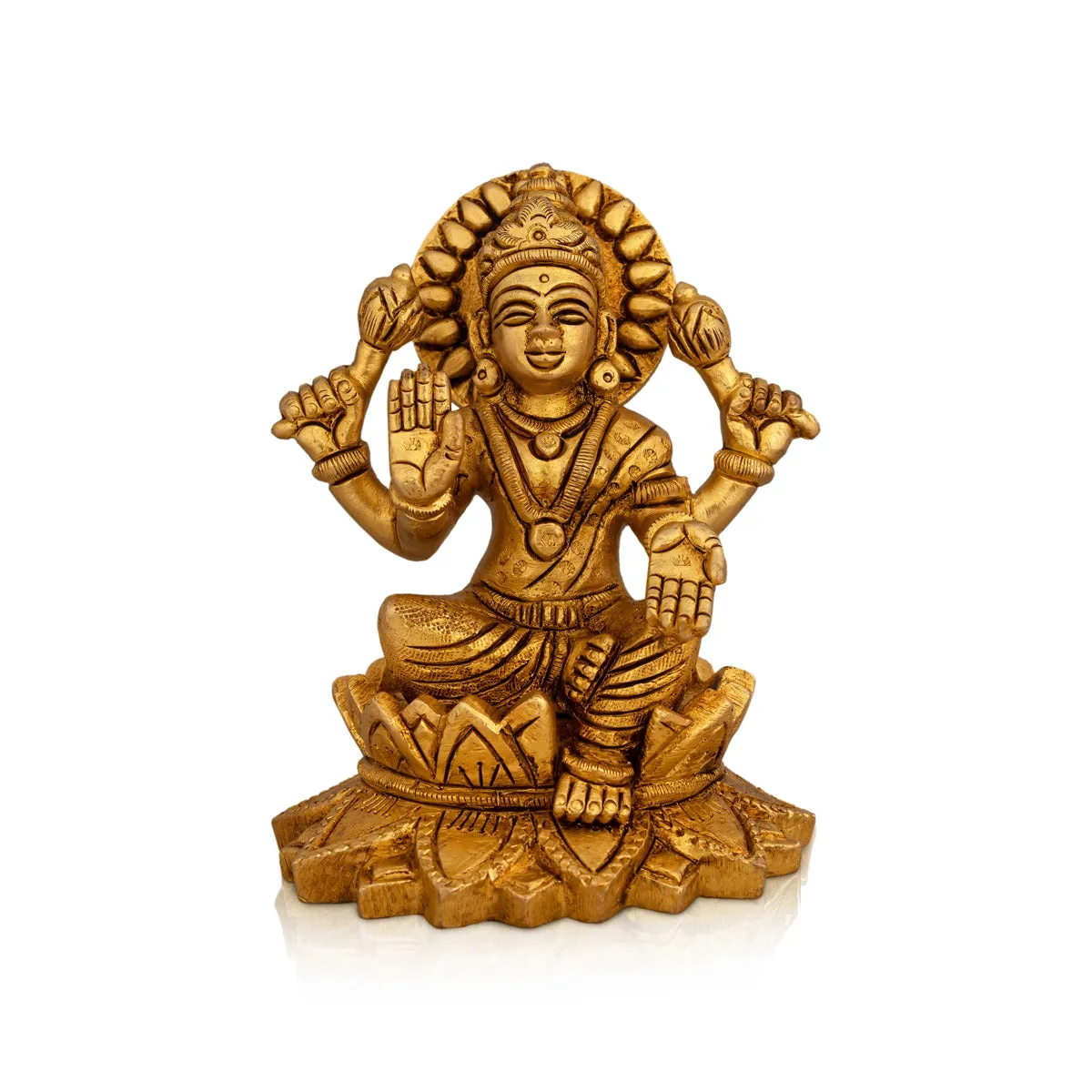 Lakshmi Idol Sitting On Lotus - 4.5 x 3.5 Inches | Antique Brass Idol/ Laxmi Idol for Pooja/ 865 Gms Approx