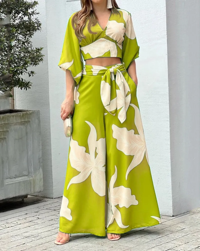 Literary and leisure V-neck lantern sleeve two-piece set